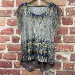 World Wear Energe Top Womens M Multicolor Boho Abstract Floral Lace Accent Shirt